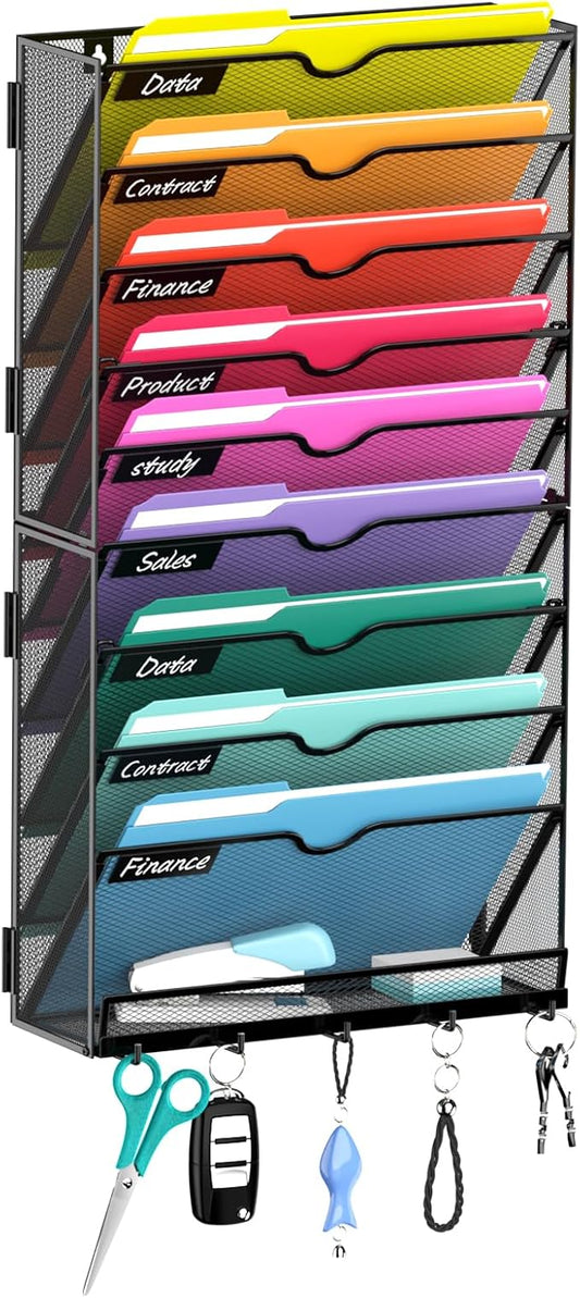 10-Tier Wall File Organizer with Hook, Hanging File Organizer Black | Wall-mounted mail storage holds papers, folders, files, clipboards and magazines, assembly required for office or home use.