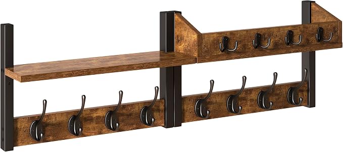 31.5" Coat and Key Rack Wall Mount with Shelf, Rustic Brown, HWS007H-2 | 4-in-1 Coat and Key Hanger with 12 Metal Hooks, Entryway Wall Shelf with Hooks & Mail Holder for Living Room, Bedroom
