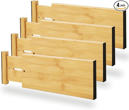 BAMEOS 4" High Bamboo Drawer Dividers - Adjustable Small Drawer Organizer - Kitchen, Dresser, Bathroom, Bedroom & Office - 4-pack