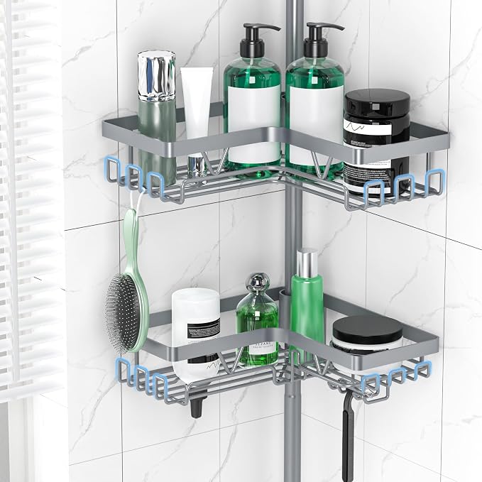 DAOYA Corner Shower Caddy Tension Pole, Light Gray | 4-Tier, Rustproof, Adjustable 25-114.2 Inch, Bathroom Organizer for Renters, Bathtub Shampoo Storage