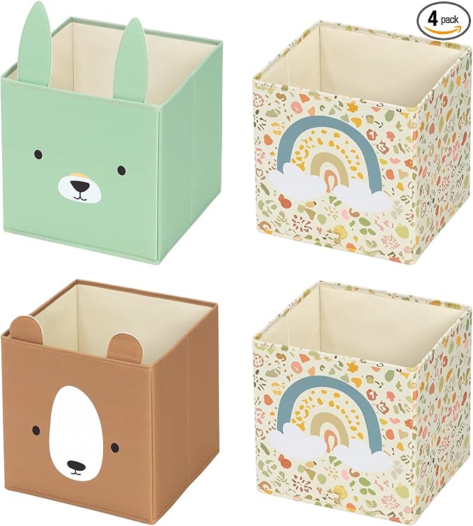 OOOK 4 Pack Foldable Fabric Storage Bins, 11.4" x 10.6" x 11.8" | Storage Box and Closet Organizers for Bedroom, Nursery, Shelves & Cube Storage Shelving Units (Bear, Rabbit, Rainbow Pattern)
