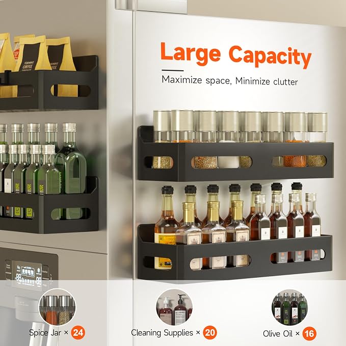 Sevenblue 2-Pack Magnetic Spice Rack for Refrigerator with Hooks, Black | Strong multipurpose magnetic shelf for kitchen & bathroom organization. Includes 4 removable hooks for hanging items.