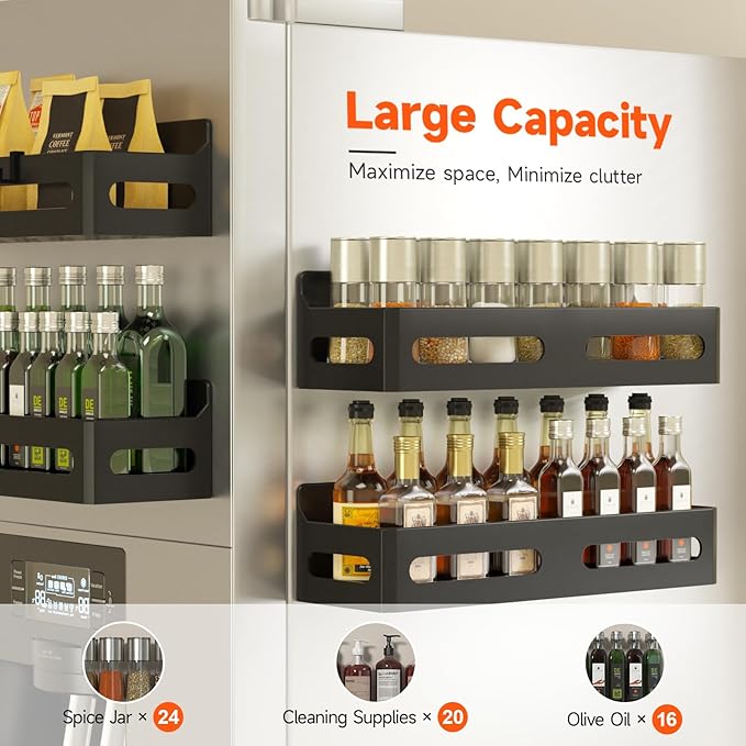 Sevenblue 4-Pack Magnetic Spice Rack for Refrigerator with Hooks, Black | Strong multipurpose magnetic shelf for kitchen & bathroom organization. Includes 4 removable hooks for hanging items.