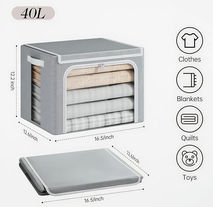Yecaye Clothing Storage Bin with Lid, Clothes Storage Grey, 40L, 4 Pack | Metal Frame, Foldable, Stackable, Clear Window, Zippers, PU Leather Handles