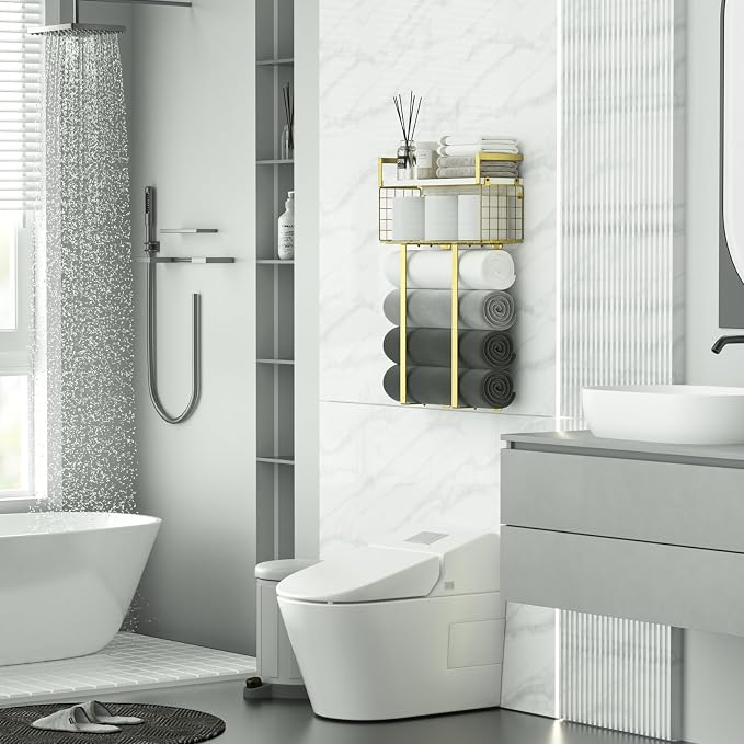 Towel Racks for Bathroom, Bathroom Shelf Over Toilet,Floating Shelves with Towel Rack Paper Holder Storage Basket,Floating Shelves for Wall Decor,Gold