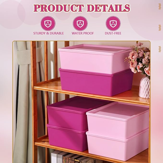 6 Pcs Large Plastic Storage Bins with Lids 14.4 x 10.4 x 5.1 Inch Stackable Storage Containers Decorative Cubby Organizer for Clothes Shelves Garage Closet Office (Pink Series)