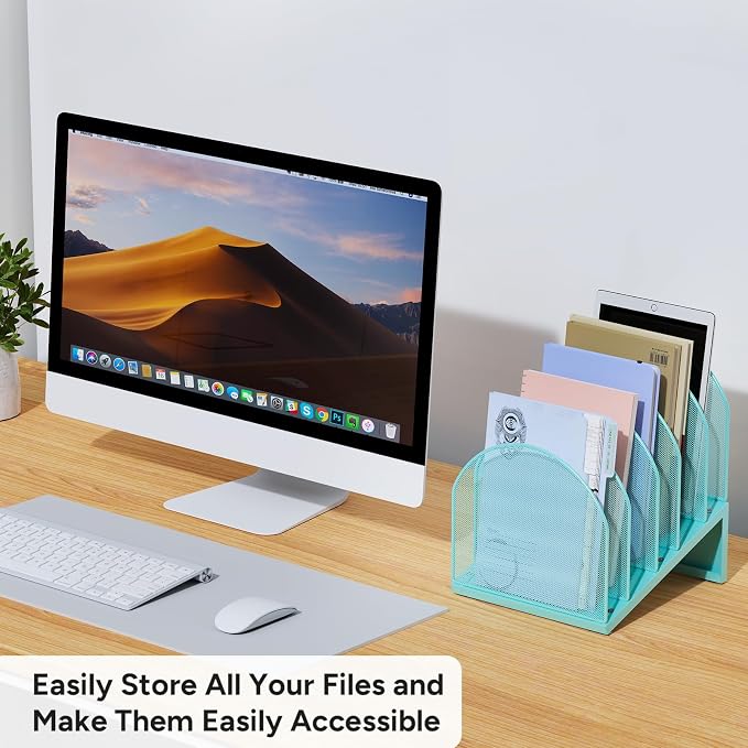 5-Section Desk File Organizer | Metal Mesh Folder Organizer for Documents, Mail & Office Papers (Blue)