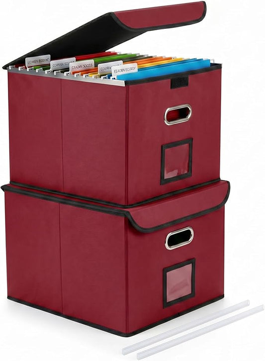 File Organizer Box with Lid (Wine Red, 14.9 x 12.59 x 10.8 inch, 2-Pack) | Large Hanging File Folder Organizer with Plastic Slide, Collapsible Portable Filing Storage Boxes for Office/Decor/Home