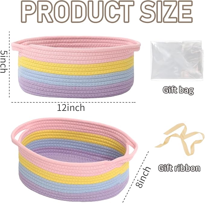 JMvicyroam Small Woven Basket, Empty Gift Basket, Rainbow/3 Pack | Small Gift Basket, Cotton Rope, 12 x 8 x 53 in, Handles, Includes Ribbon and Bag, Birthday Gift Basket