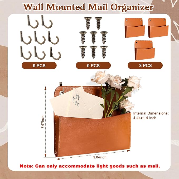 3 Pcs PU Leather Mail Holder Wall Mount 9.8x7.7 Inch Brown Letter Holder Vintage Hanging Mail Organizer 2 Ring Bill Organizer for Wall Decor Storage Letter Postcards Bill Flowers Office Home