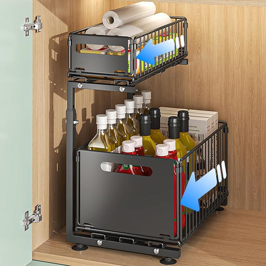 Under Sink Organizer, 2-Tier Multi-Use Kitchen and Bathroom Organizers and Storage, Slide Out Thickened Metal Under The Sink Organizer for Kitchen Bathroom Pantry (Style B Black, 1 Pack)