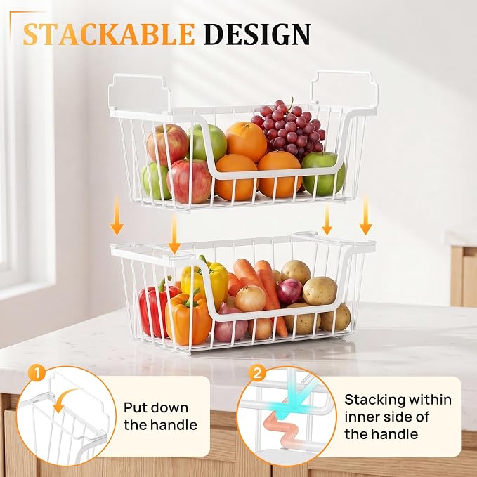 SUNALLY Stackable Storage Bins 6 Pcs Wire Baskets Freezer Organizer, White | Pantry Organizers Storage, Vegetable Fruit Storage Basket for Countertop, Kitchen Baskets for Onion Potato Snack Cans Storage