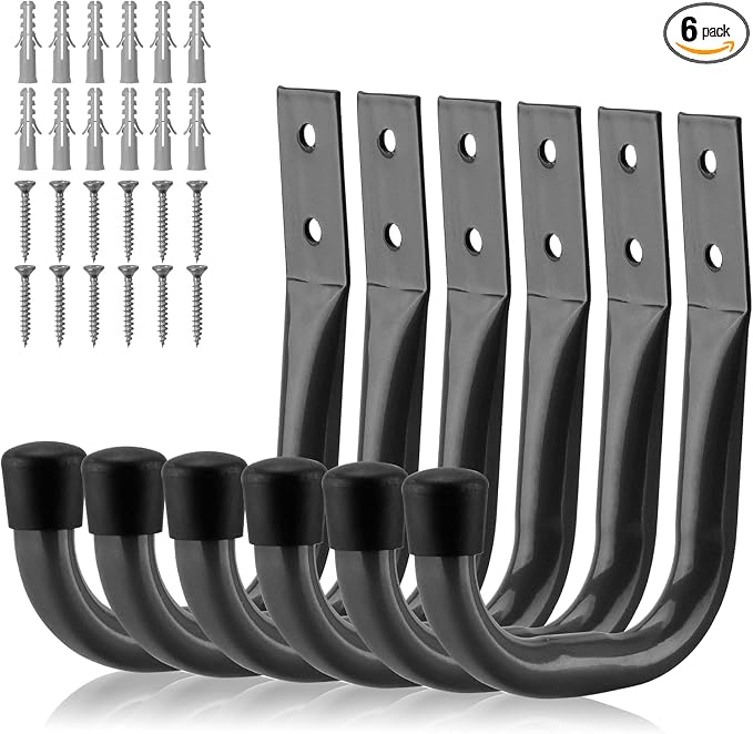 HORUSDY 6-Pack Heavy Duty Metal Wall Hooks, Large Garage Storage & Organization Hooks for Tools, Extension Cords, Ladders, and Bags, Wall Mount J Hooks for Indoor Outdoor Use, Gray