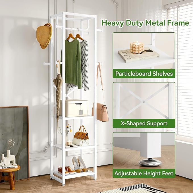 IBUYKE Freestanding Coat Rack,with 3 Shelves and 8 Hooks,White UTMJ088W | Metal Frame,Industrial Hall Tree,Clothes Stand for Entryway, Hallway, Bedroom,Office, Living Room