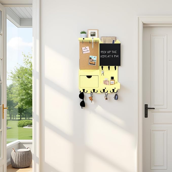 Key Holder Wall Mount， Mail Organizer Key Holder for Wall with Shelf, Drawer, Chalkboard, Corkboard, Home Decor Wall Mounted for Room Entryway (Ivory Yellow)