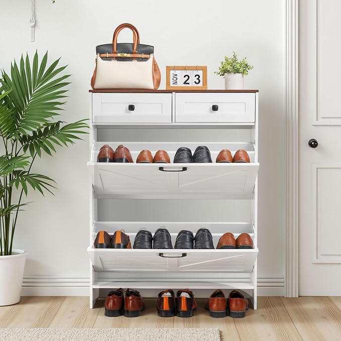 VEVOR Shoe Cabinet with 2 Flip Drawers, Farmhouse Shoes Storage Cabinet with 2 Drawers and Anti-Tipping Device, Freestanding Shoe Organizer Ideal for Entryway, Hallway, Bedroom, Living Room, White