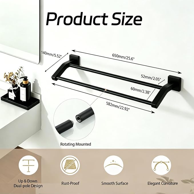 Alise Double Towel Bar,24" Towel Rack for Bathroom Wall Mounted,Matte Black | SUS304 Stainless Steel Bathroom Towel Holder, Quick Drying Towel Hanger Towel Rod, Useable Length 22.9"