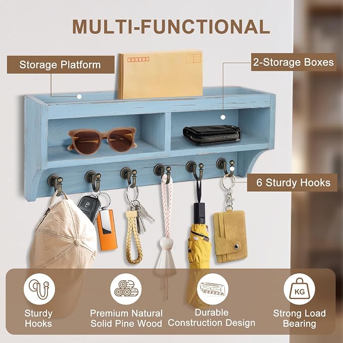 Key Holder Wall Mount with Mail Organizer, 6 Hooks & Shelf, Blue | Wood Key Holder Wall Mount with 6 Key Hooks, Shelf & Storage Box and Mail Organizer for Entryway, Apartment, Home and Office