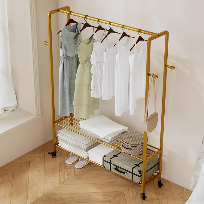 Gold Rolling Garment Rack with Shelves and Hooks,Freestanding Metal Clothing Rack with Wheels,Modern Clothes Hanging Rack for Bedroom,Closet,Boutique Display