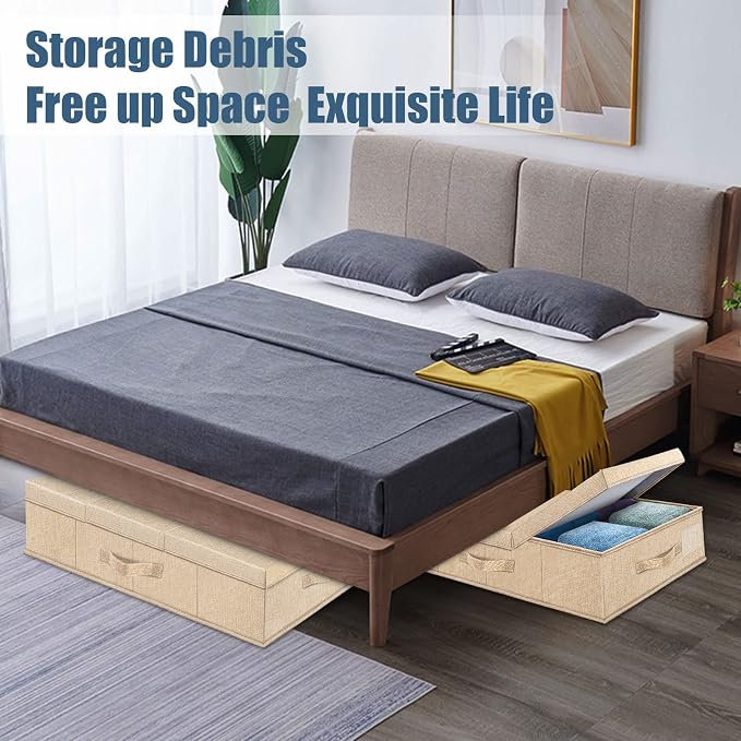 Supowin 2Pack Large Underbed Storage Containers Bin with Lids, Khaki | 6 Inches Tall Under Bed Storage Organizer Box with Handles, Foldable Closet Organizer for Clothes, Blankets, Seasonal Items