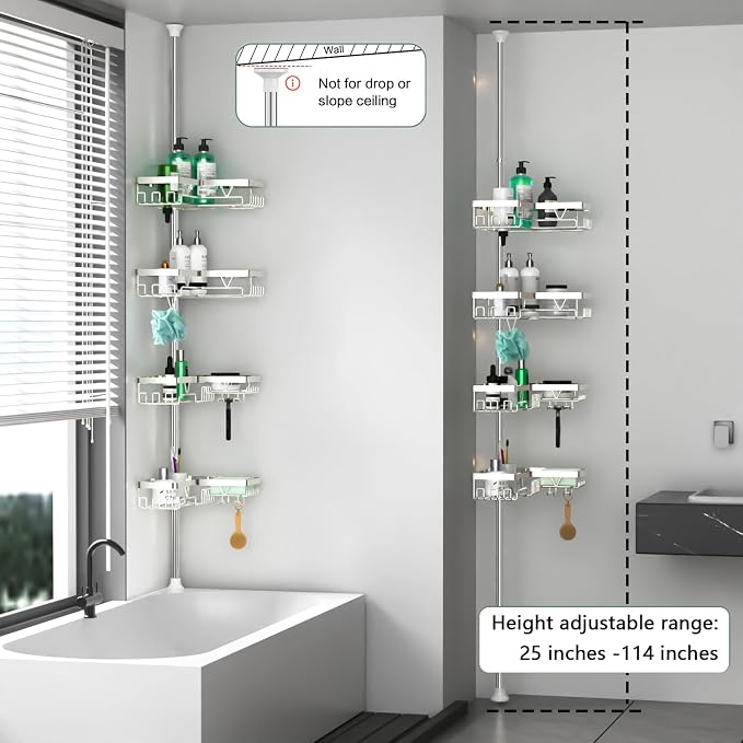 DAOYA Corner Shower Caddy Tension Pole - Chrome Tension Rod Shower Caddy | 4 Tier Shower Organizer for Bathroom/Bathtub/RV, Floor to Ceiling 25-114.2 inch, WIth 28 Hook/2 Soap Dish/ 2 Razor Holder