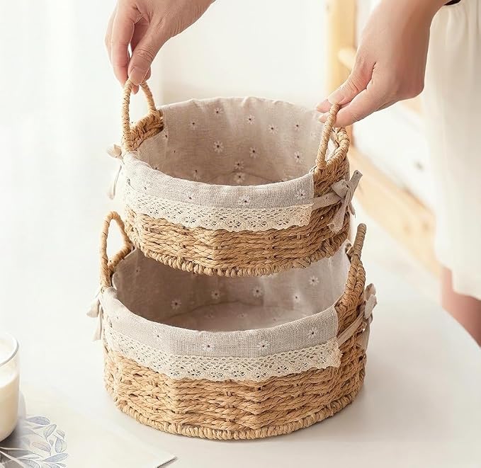 GIB Small Wicker Storage Baskets for Organizing, Round Woven Baskets with Handles & Liners, Decorative Boho Paper Rope Cute Baskets for Gifts, Decor, Pantry Table, Serving Trays, Set of 2