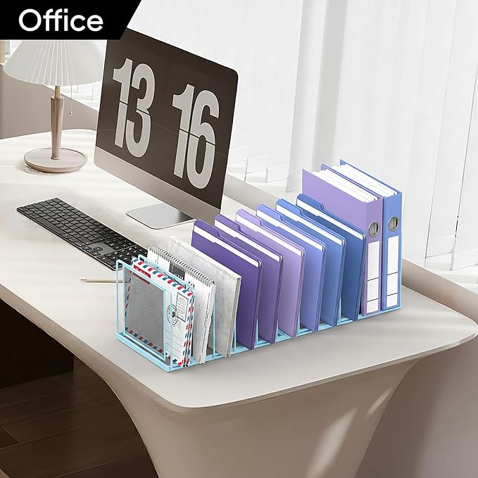 File Organizer for Desk, 11-Section Vertical File Sorter, Paper Holder Organizer Standing Metal File Folder for Office Home Classroom, Blue