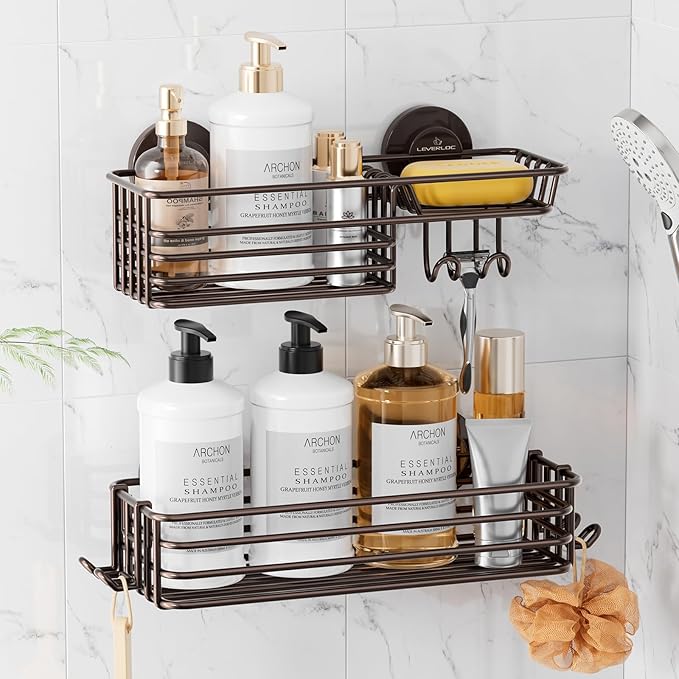 LEVERLOC Shower Caddy Suction Cup, 2 Pack Shelves for Inside with Hooks | Brown Shower Storage, Rustproof Meatl Bathroom Basket, Soap Holder, NO-Drilling Shower Holder