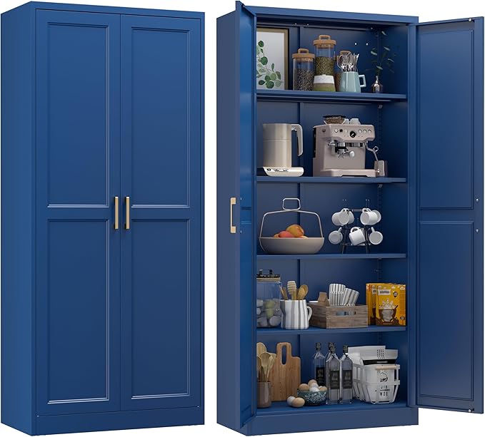 71" Tall Blue Metal Storage Cabinet with Doors, Heavy Duty | Freestanding Steel Kitchen Pantry Cabinet, 4 Adjustable Shelves (180 Lbs Load), Tall Cabinets for Home, Office and Garage