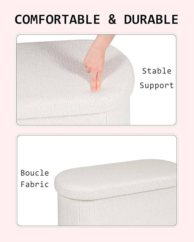 30 Inches Oval Storage Ottoman Bench, Foldable Footrest | Teddy Boucle Fabric, Hidden Storage, Soft Padded Seat, Compact Ottoman for Living Room, Bedroom, Dorm, White
