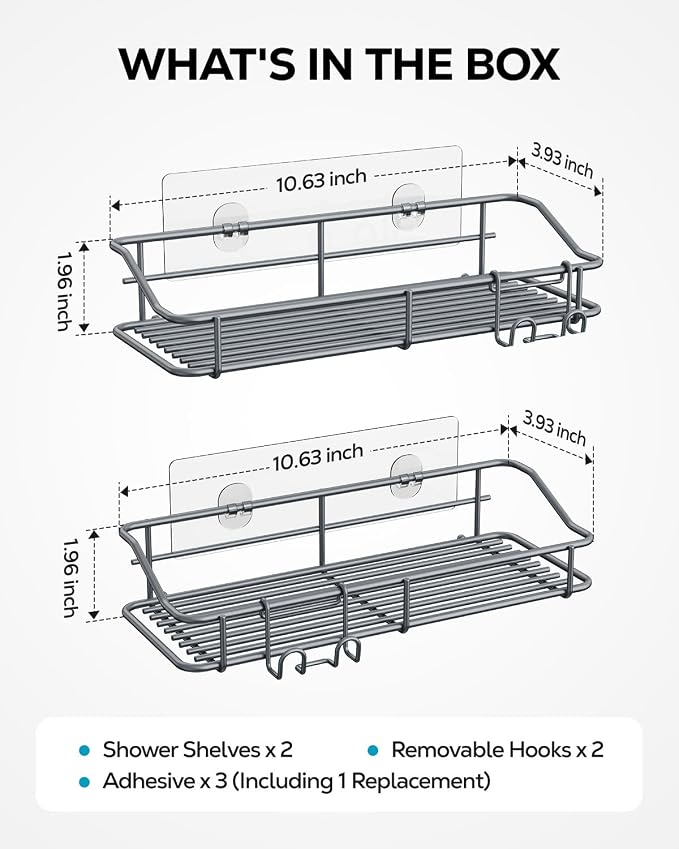 Nieifi Shower Caddy Shelf with Hooks Storage Rack Organizer Adhesive Stainless Steel Without Drilling for Bathroom, Lavatory, Washroom, Restroom, Shower, Toilet, Kitchen - 2 Pack (Gray)