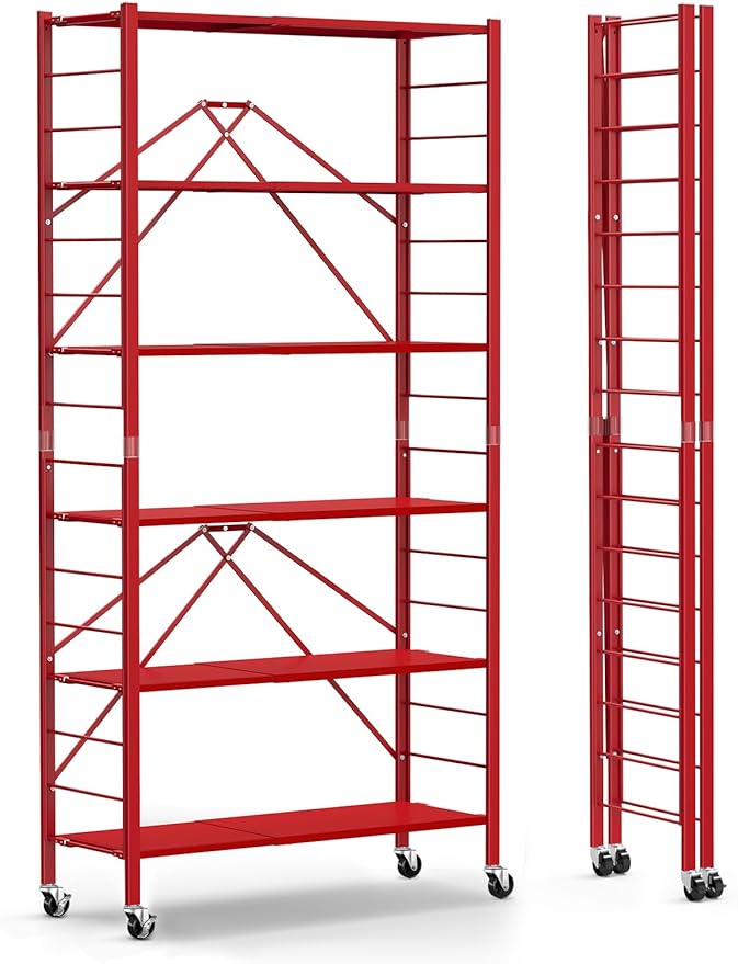 Himix 6-Tier Expandable Storage Shelves Wheels Foldable Shelf Garage Red | Folding shelving units, Metal collapsible organization, Changeable into 2 shelf units, Adjustable, Basement, Holds 3600 Ibs
