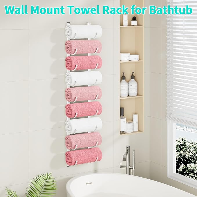 HapiRm Rolled Towel Racks for Bathroom - 9-Tier Over The Door & Wall Mounted Bathroom Towel Storage, Hanging Metal Organizer for Towels & Bath Sheets, Space Saving Rack for Bathroom, Camper, RV, White