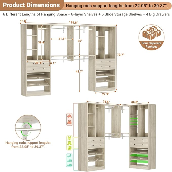 Besiost Closet System - 120"/10FT, 151.2"/12.6FT Closet System with Drawers, Built-in Closet Organizer System with Reversible Hanging Shelving and Hanging Rods, Greige Oak Set of 2