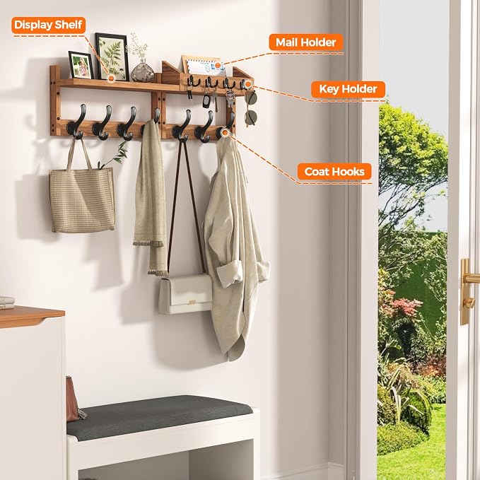 Evermagin 29" Coat Rack Wall Mount with Shelf & 11 Hooks, Entryway, Brown | 4-in-1: coat hooks, key hanger, mail holder & display shelf. Pine wood. For bedroom, hallway, mudroom, livingroom.