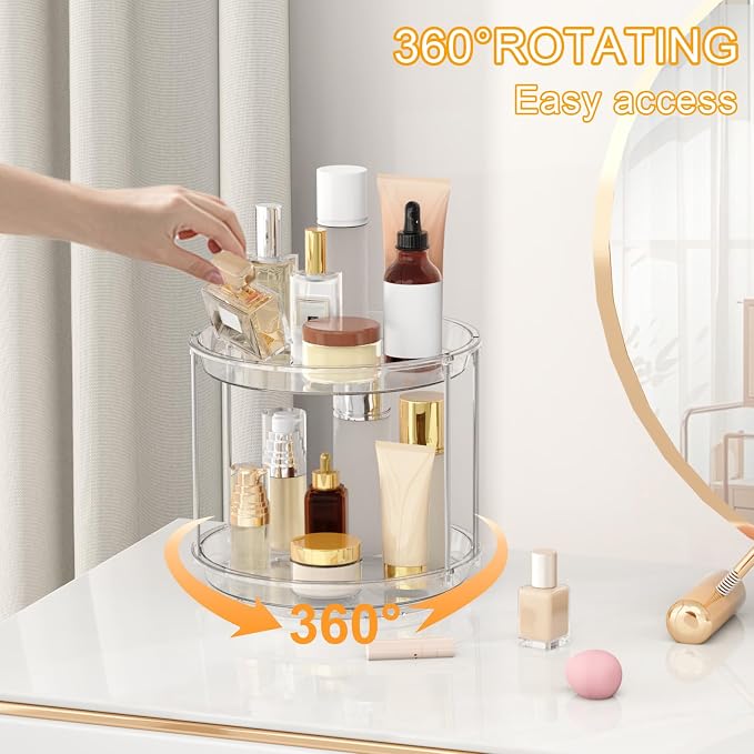 360 Rotating Makeup Organizer, 2 Tier Skincare & Perfume Holder for Bathroom Counter, Clear Spinning Vanity Tray, Lazy Susan Turntable Organizer for Dresser, Kitchen Cabinet