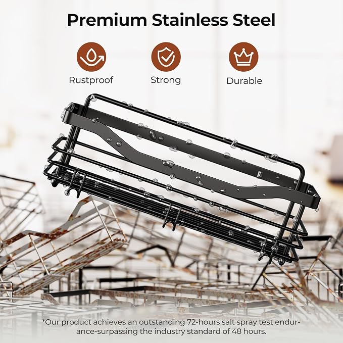 Orimade Shower Caddy Basket Shelf Storage Rack, No Drilling Wall Mounted Adhesive Rust Resistant Stainless Steel Shower Organizer with 5 Hooks for Bathroom, Black 2 Pack