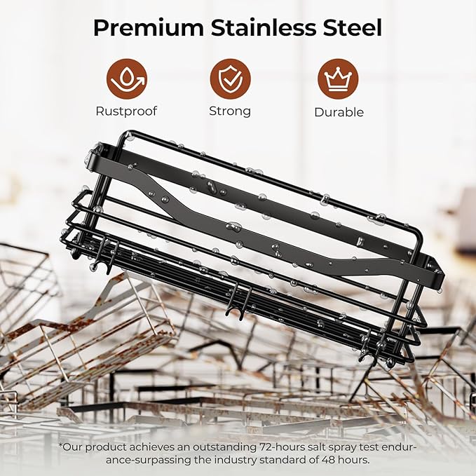 Orimade Adhesive Shower Caddy Shelf with 5 Hooks Organizer Storage Rack Rust Resistant Wall Mounted Stainless Steel No Drilling for Bathroom, Toilet, Kitchen - 2 Pack,Black
