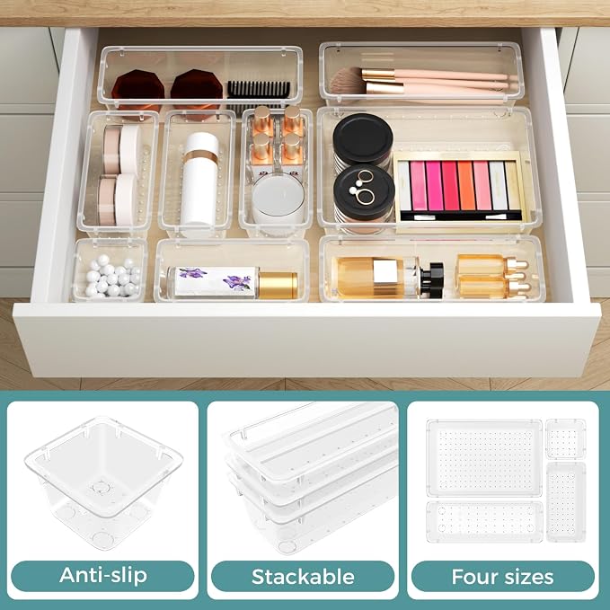 44 PCS Clear Plastic Drawer Organizer Set, 4 Sizes Storage Bins, Clear | Desk Drawer Organizer Trays for Makeup, Jewelry, Gadgets and Utensils, Perfect for Bathroom, Bedroom and Office Organization