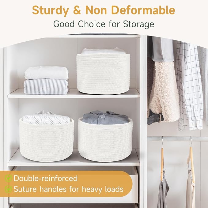 3 Pack Small Rope Storage Baskets, 9.82×9.82×7.1", White | Cotton Basket for Gifts Empty, Cute Round Woven Basket, Decorative Shelf Basket Organizer, Organizing Basket for Shelves