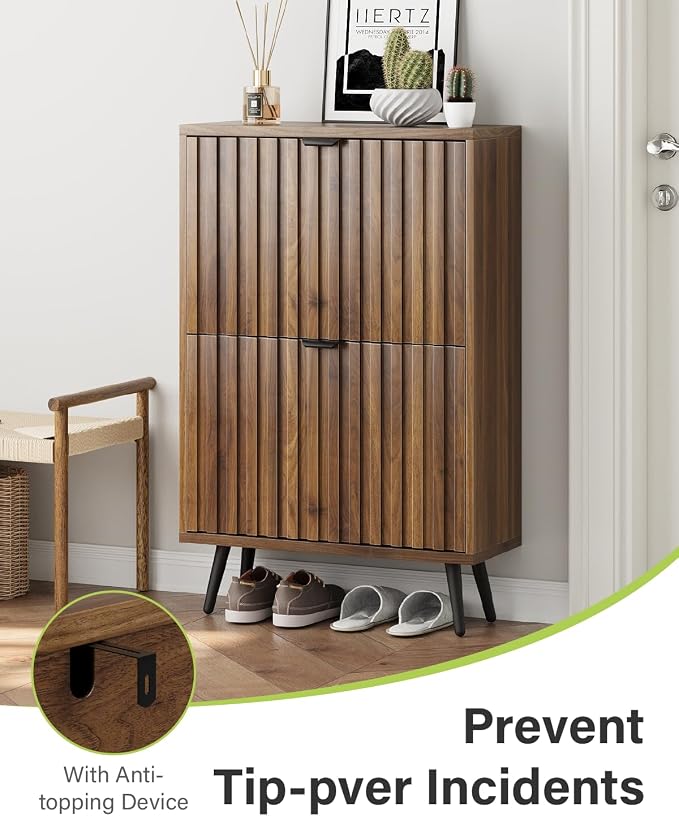 Smart FENDEE Fluted Shoe Storage for Entryway, Walnut Hidden Cabinet with Metal Legs, Organizer with Flip Doors, Slim Entryway Storage