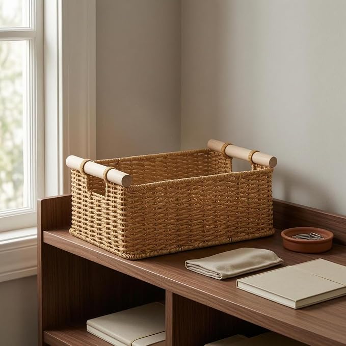 Rectangular Open Top Basket Reinforced Handwoven Rattan Box Decorative, Walnut Rattan