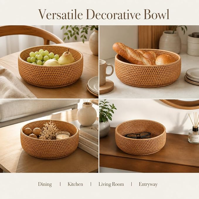 9.3" Rattan Storage Basket – Handmade Decorative Wicker Basket, Home Organization Natural Bread Basket Fruit Bowl Accessories Stationery Storage, Tabletop Bathroom Office Organizer (M, 9.3" x 3.1")