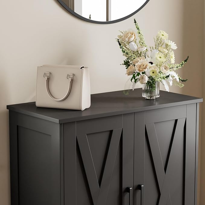 Homleke Farmhouse Shoe Cabinet with 2 Barn Doors & Wood Legs | Tall 4-Tier Shoe Storage Cabinet, 3 Adjustable Shelves, Shoe Rack Organizer, for Entryway, Hallway, Closet, Black