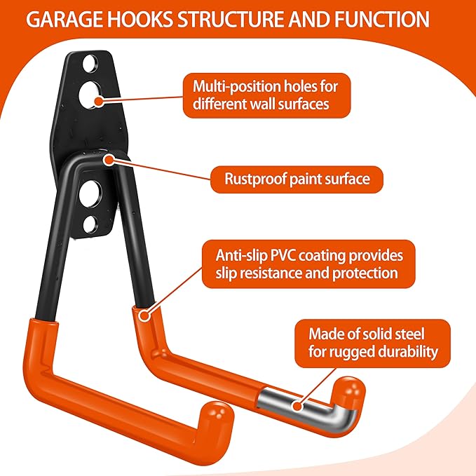 18 Pack Garage Hooks Heavy Duty - Anti-Slip Coating | Garage Storage Hooks for Hanging Bike，Ladder，Garden Tools，Hose