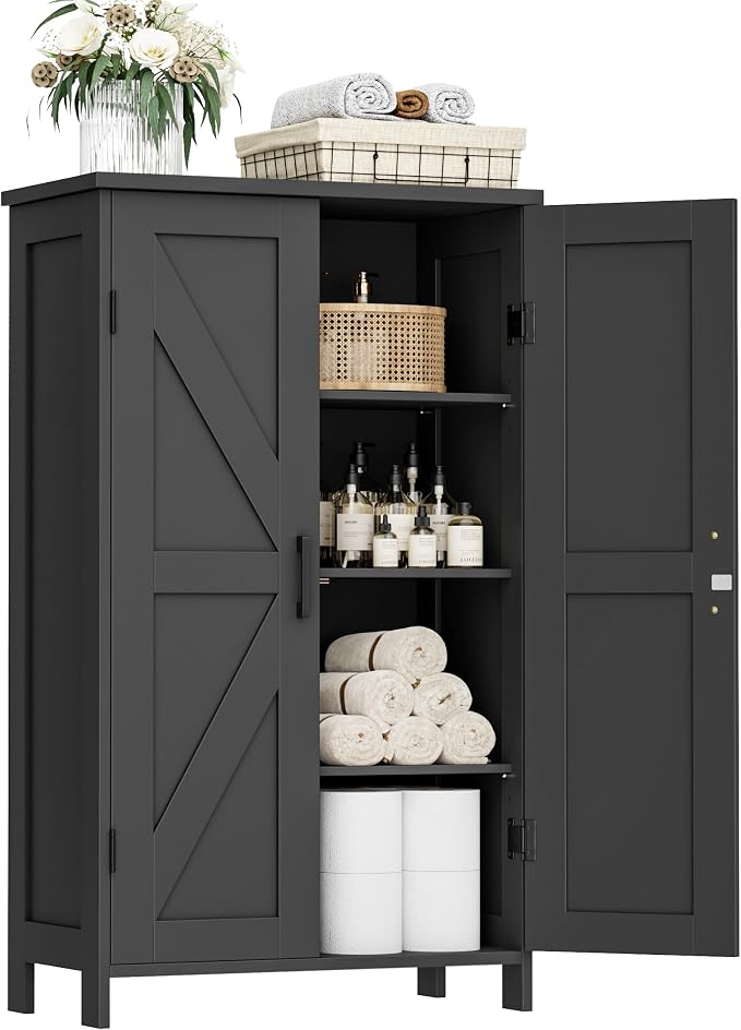 Homleke 43.3" H Farmhouse Bathroom Storage Cabinet with Adjustable Shelves | Freestanding Storage Cabinet with Barn Doors for Bathroom, Kitchen, Living Room, Dining Room & Entryway, Black
