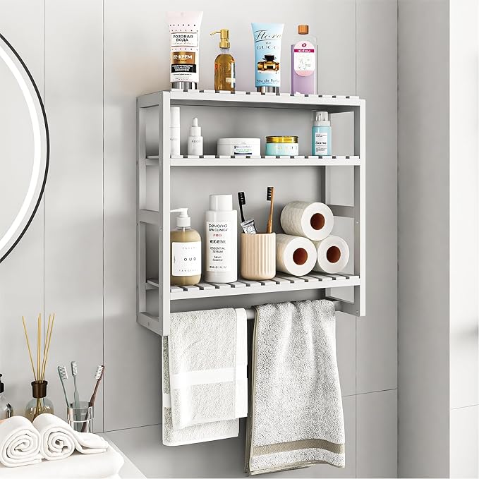 Galood Over The Toilet Storage Bathroom Shelves Wall Mounted 3 Tier Space Saver Corner Shelf Organizer Bamboo Towel Rack Toilet Paper Cabinet with Hanging Rod White