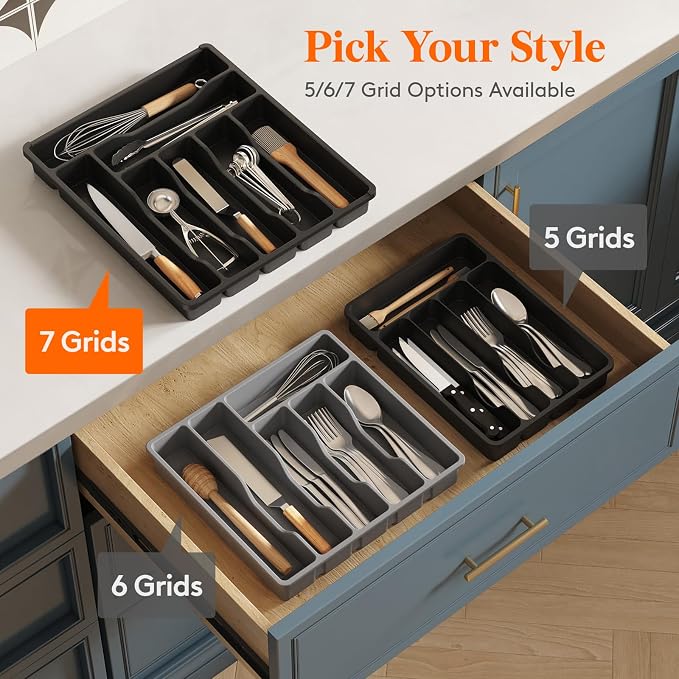 Lifewit Silverware Drawer Organizer Tray, Plastic Cutlery Storage for Kitchen, Flatware and Utensil Holder Divider for Spoons Forks Knives Tableware, 12.3 x 14.2", 7 Slots, Black