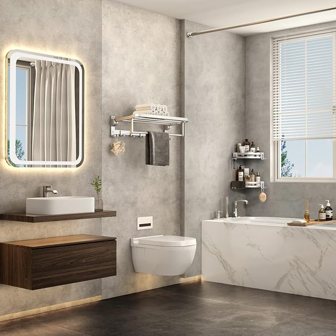 VOLPONE 24 Inch Towel Rack with Towel Bar Holder Foldable Towel Shelf with Movable Hooks Rustproof Towel Storage Wall Mount for Bathroom Lavatory Silver