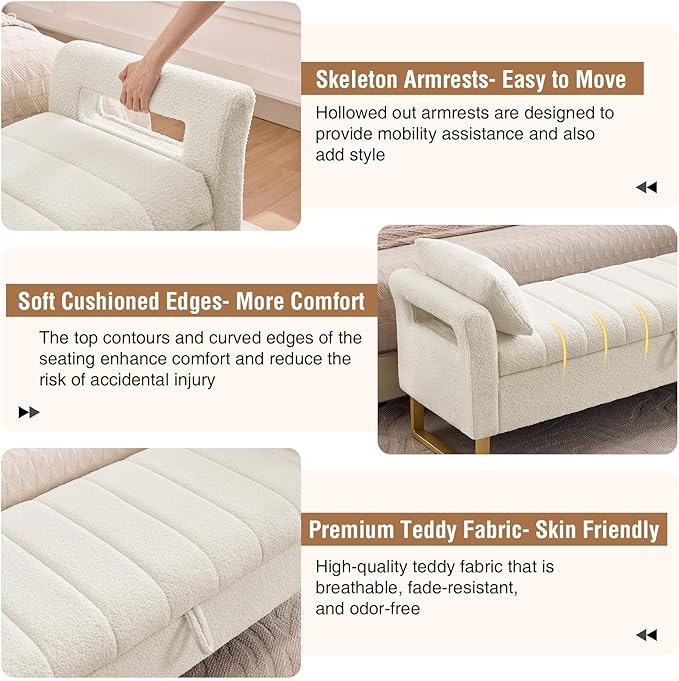 66" King Size Storage Bench for Bedroom End of Bed Benches with Storage | Bedroom Benches for Foot of Bed King with Gold Legs,2 Pillows,Storage Ottoman Bench for Bedroom,Entryway Teddy Ivory White